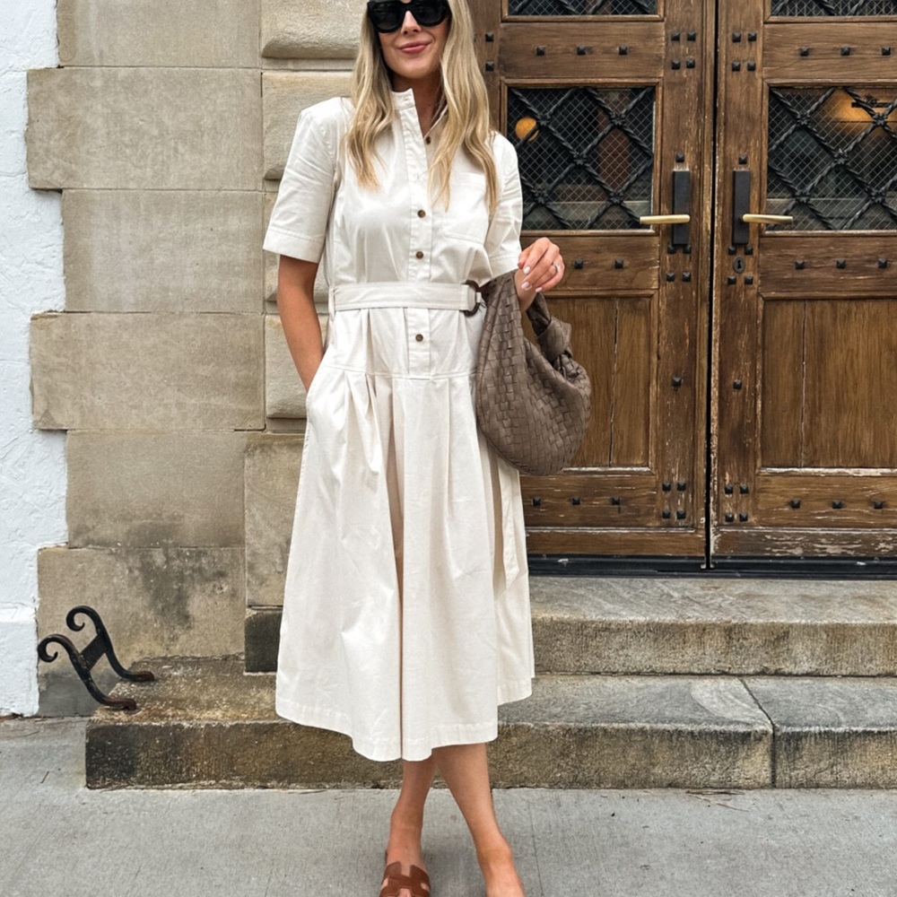 Cream Button-Front Shirt Dress with Waist Tie